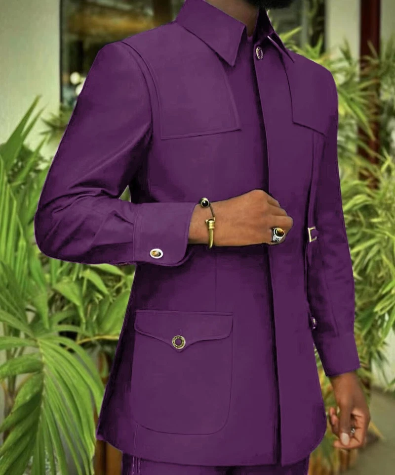 Chaqueta de safari informal para hombre 2 piezas esmoquin de negocios boda novio blazer elegante Foto 4 de 4