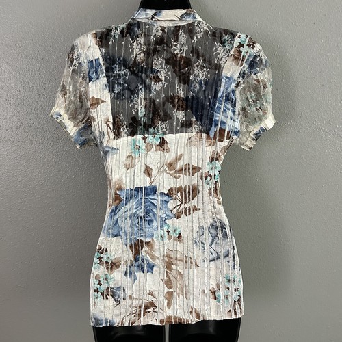 Komarov Crinkle Satin Lace Floral Button Front Blouse Top Size M Cream Blue Tan - Picture 5 of 9