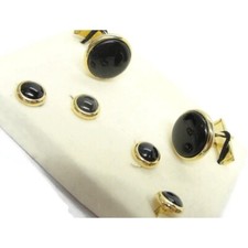 Gold Tone Black Cufflinks Shirt Buttons Set Formal Wedding Tux Vintage