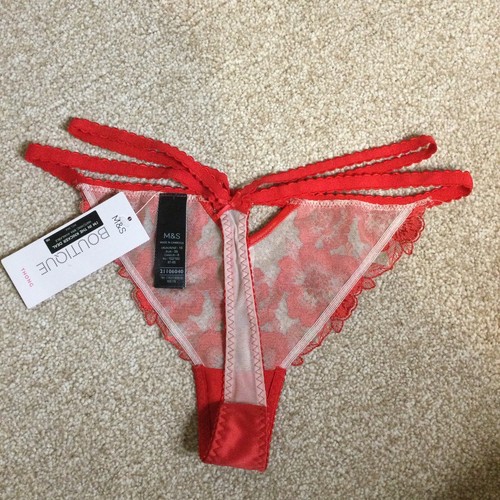 M&S Size 10 Boutique Layla Embroidered Thong Knickers Red Cream Satin Mesh - Picture 7 of 9