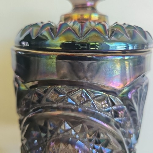 8" Imperial Scroll & Flower Panels Smoke Peacock Carnival Glass Jar & Lid sti - Picture 4 of 16