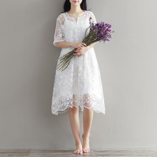 Women Lace Embroidery Floral Short Sleeve Hollow Out Midi Loose Dress Beach