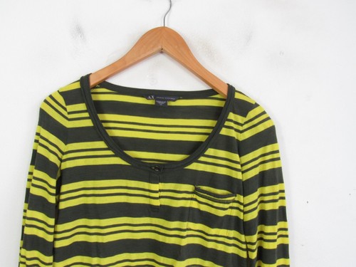 T-shirt donna Armani Exchange verde giallo collo Henley manica lunga taglia S - Foto 2 di 8