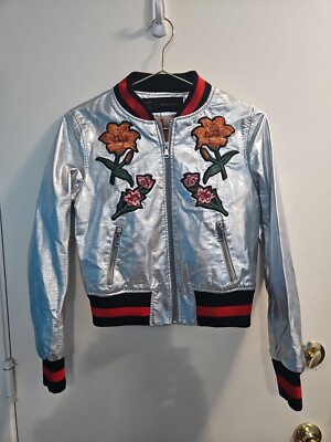 Size Small Silver AFTF Basic Bomber Jacket With Embroidered Flowers