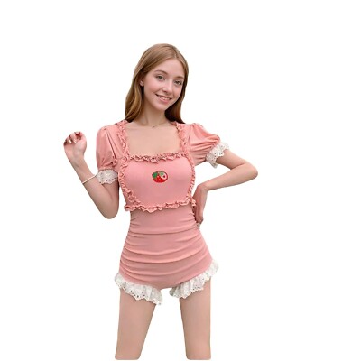 Kawaii Puff Strawberry Embroidery One-Piece Swimsuit Korean Cute Summer Swimwear