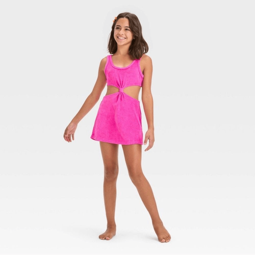 Art Class XL (14) Solid Pink Terry Cover Up Dress Swim Cut Out - Picture 3 of 6