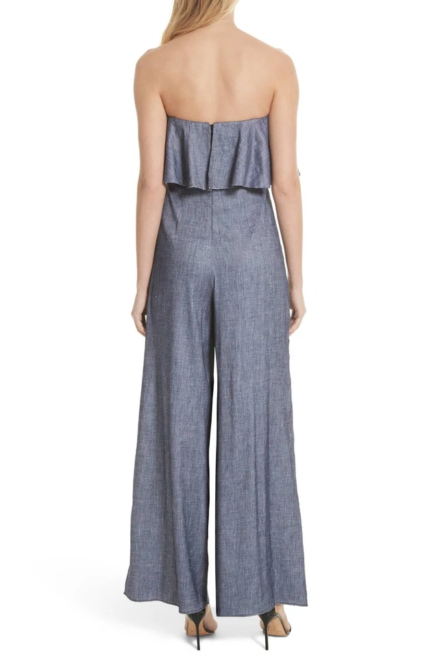 MILLY Azul Denim Cambray Volantes Popover Sin Tirantes Pierna Abierta Pantalón Mono 6 Usado en Excelente Condición Foto 2 de 4