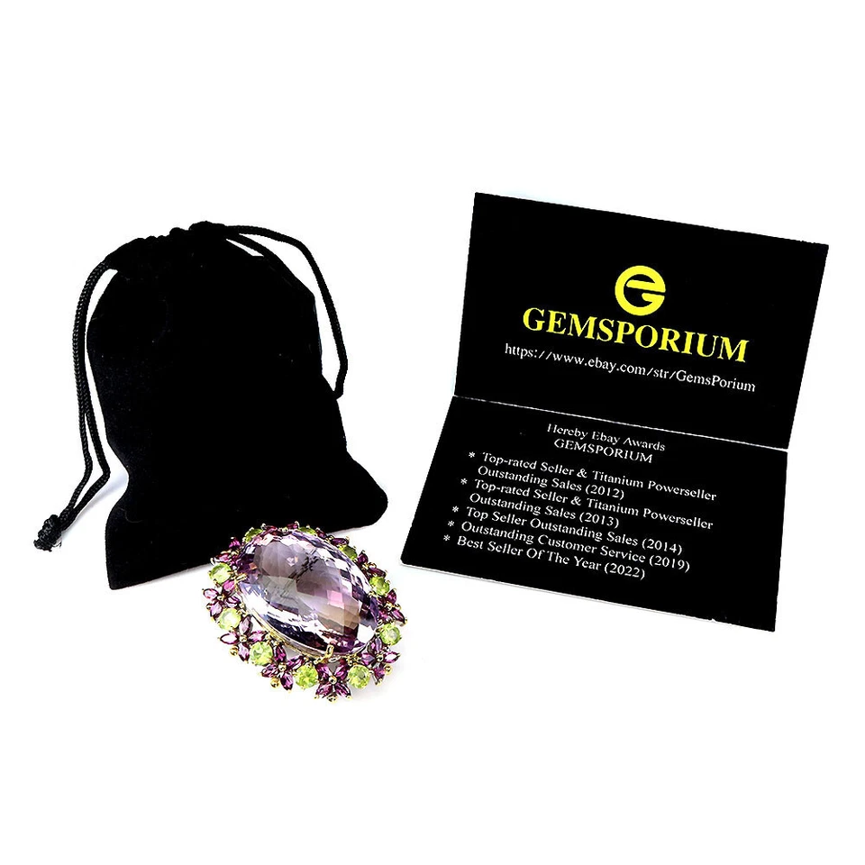 Valentine 925 Argento Spilla Ovale Ametrino 107ct Peridoto Gemma Fatto a Mano - Immagine 3 di 4