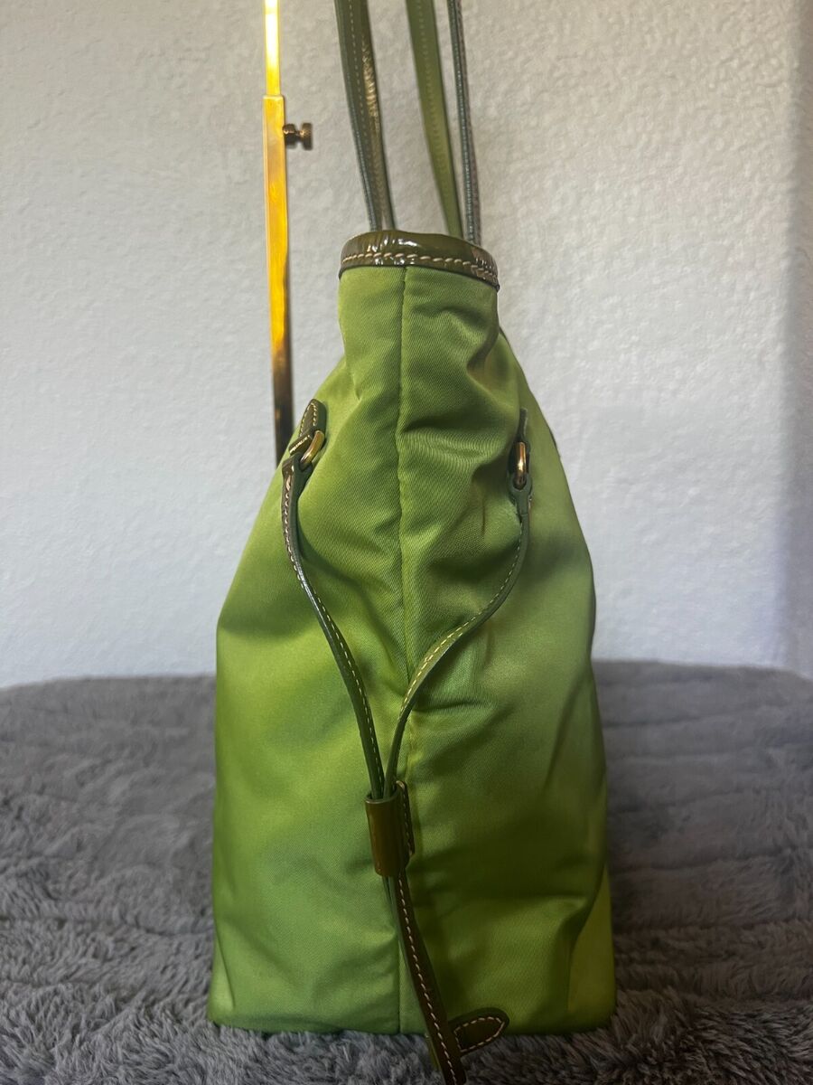 PRADA Green Nylon Tessuto Logo Patent Leather Trim Tote Bag PRADA Green Nylon Tessuto Logo Patent Leather Trim Tote Bag