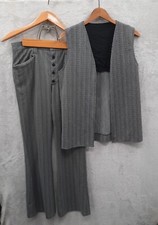 Vintage 1970s 2 Piece Mock Houndstooth Suit Vest Buttonfly Bellbottoms Handmade 