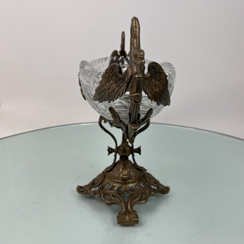 Vintage Crystal Drop Glass Bowl Brass Swan Handles & Base - Picture 2 of 21