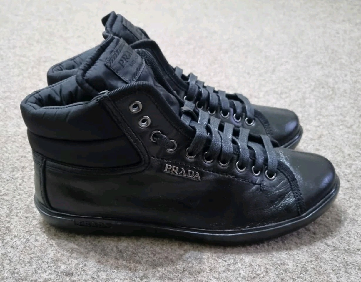 ​PRADA Milano Women Shoes Black Re-Nylon Polished Leather High Top Sneakers Sz 8 thumbnail 2