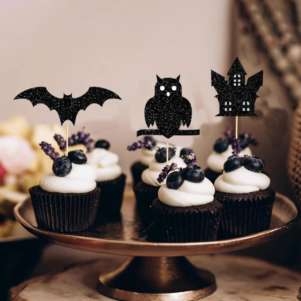 36Pcs Halloween Cupcake Toppers- Black Glitter Bat Spider Owl Witch Skull Ghost  - Image 3 of 4