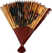 Vintage Oriental Yellow Japanese or Chinese Bamboo Wall FAN Flowers  Birds 20  