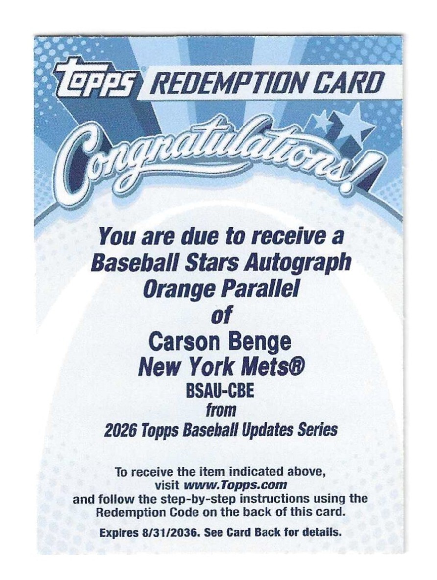 Carson Benge 2026 Topps Update Redemption Orange Auto RC
