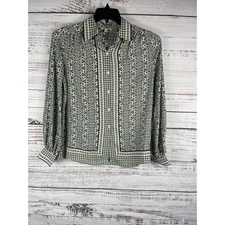 Max Studio Shirt Womens Small Green White Geometric Button Up Long Sleeve Blouse