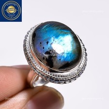 Sterling Silver Labradorite Stone Engagement Statement Bezel Wedding Ring Size 7