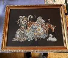 VTG Hand Made Cross Stitch Nativity Scene Humble Stable Completed Framed 16 x 12