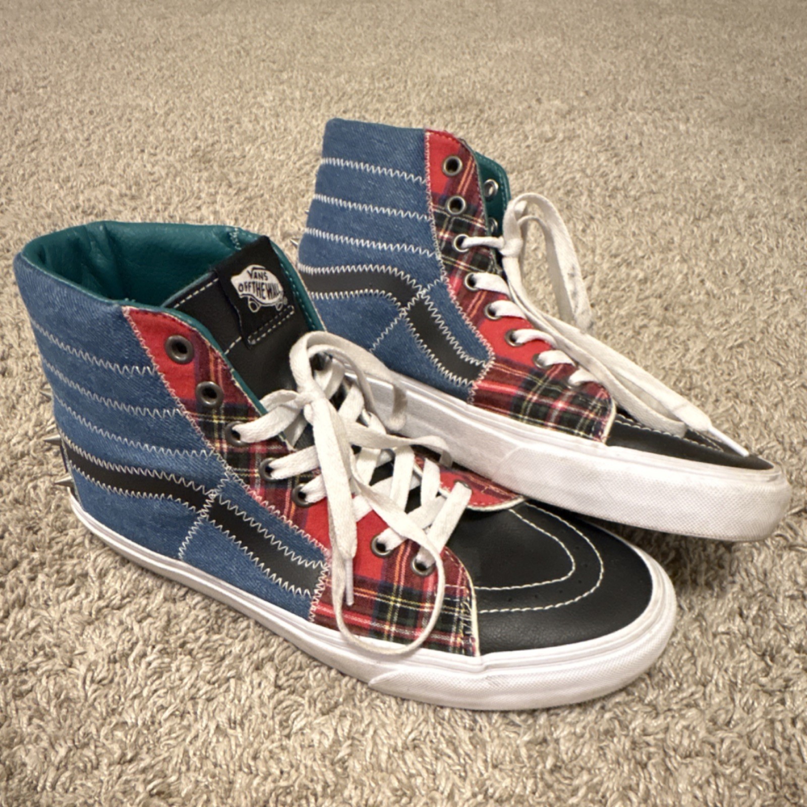 VANS Patchwork Plaid Spiked High Top Sneakers Blu… - image 1