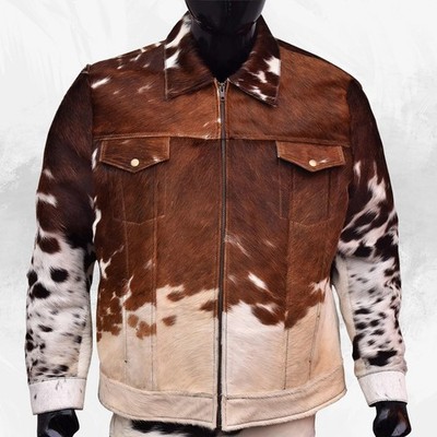 Cowhide Leather Jacket Men Motorcycle Biker Zip Up Animal Print Brown White