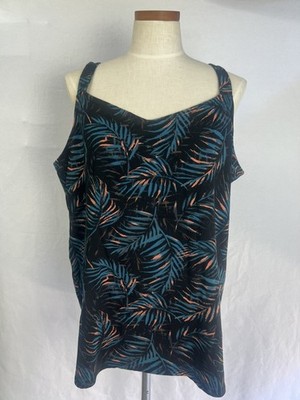 Torrid Womens Tank Top Size 4 4X Black Blue Palm Leaf Print V-Neck Stretch