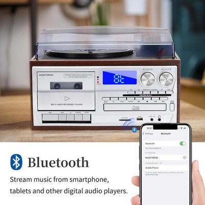 Record Player 3 Speed Bluetooth Vintage Turntable CD Cassette Vinyl Player AM/FM