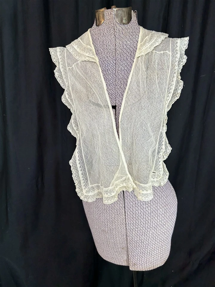 antiguo cuello fichu red encaje blanco doble capa hecho a mano 43 largo siglo XIX  Foto 4 de 4