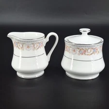 Silverie Fine China 2 Piece Set Creamer & Sugar Bowl Set Floral Silver Trim