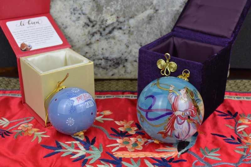 Set of Two Li Bien Holiday Ornaments Decorative Orbs Angels Peace W Cases 2-3"