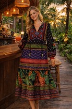 Farm Rio “Forest Tapestry” Black Jungle Midi Dress ~ XS