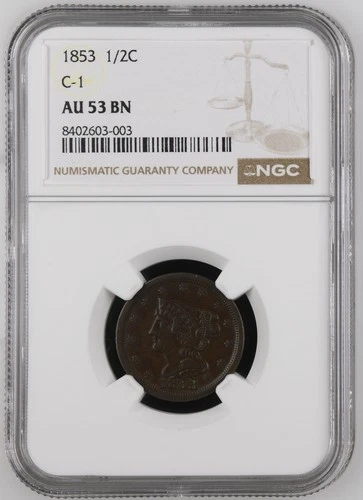 1853 Half Cent 1/2c NGC AU-53 BN C-1