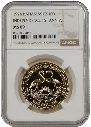 1974 Bahamas Gold $100 Independence Day 0.2894 oz Coin NGC Mint State 69
