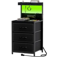 LED Nightstand with Charging Station, Night Stand with 3 Drawers and Lights, ...