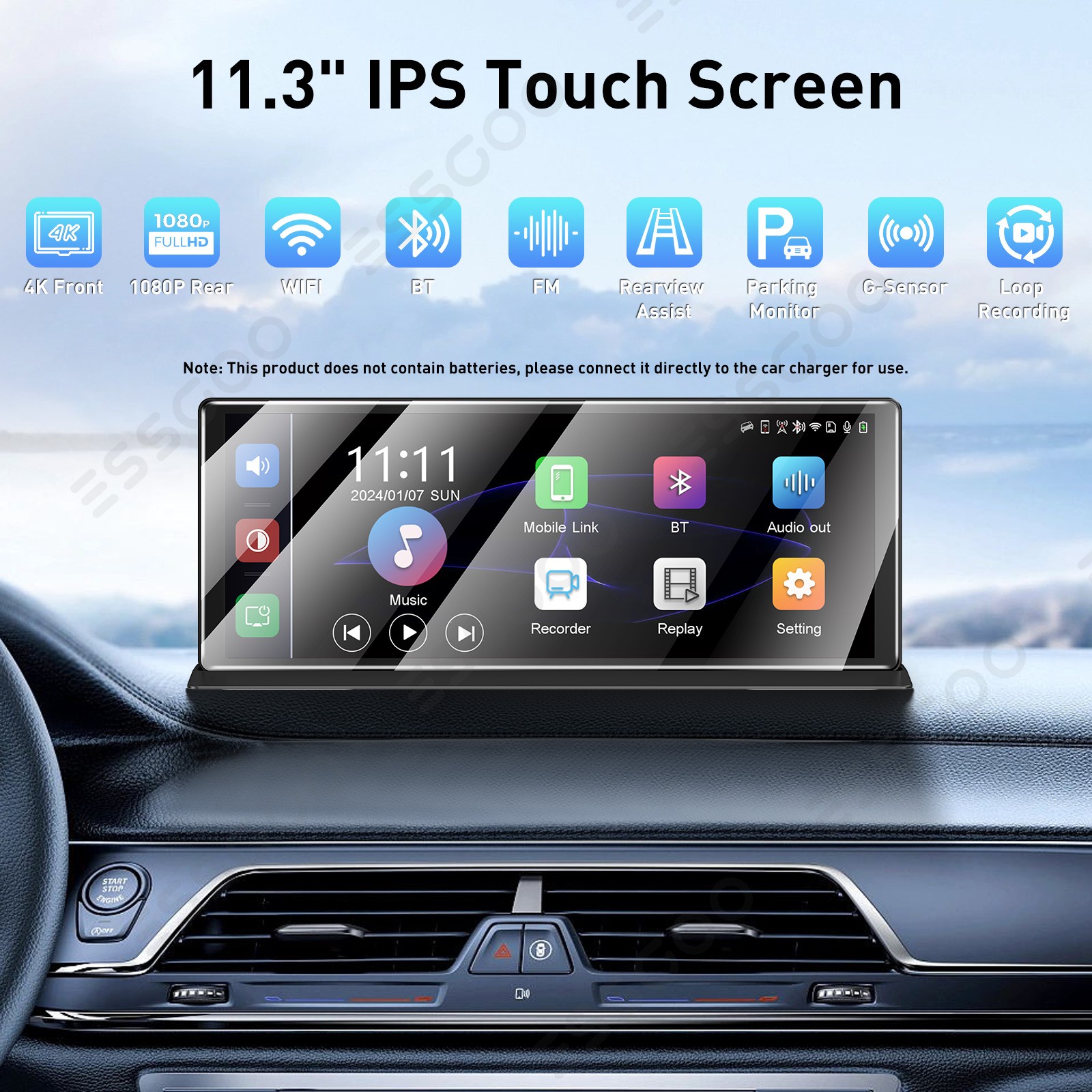 11.3" Wireless Touch Screen BT Android Auto HD Portable Multimedia Apple Carplay