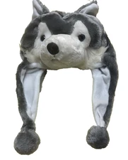Fluffy Plush Wolf Husky Hood Ear Flap Tie Face Hat Cap Winter Warm #PKBT