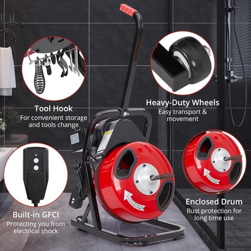 50 Ft x 1/2 inch Drain Cleaner Machine Electric Drain Auger Auto Feed With Kits - Picture 3 of 8