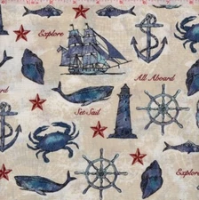 BTY Kaufman SET SAIL Nautical Icons on Sand Print 100% Cotton Quilt Fabric YARD