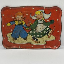 Vintage 1950  s Tin Litho Child Tea Tray Dutch Kids Winter Wonderland Ohio Art