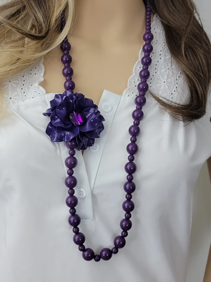 长紫色 3D 花水钻不对称珠项链女式珠宝 38 — 第 4/4 张图片