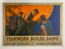 c.1918 Teamwork Builds Ships William Dodge Stevens WWI Poster Vintage Original