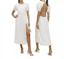 Reformation Linen Midi Dress Size 12 Open Back Puff Sleeve White