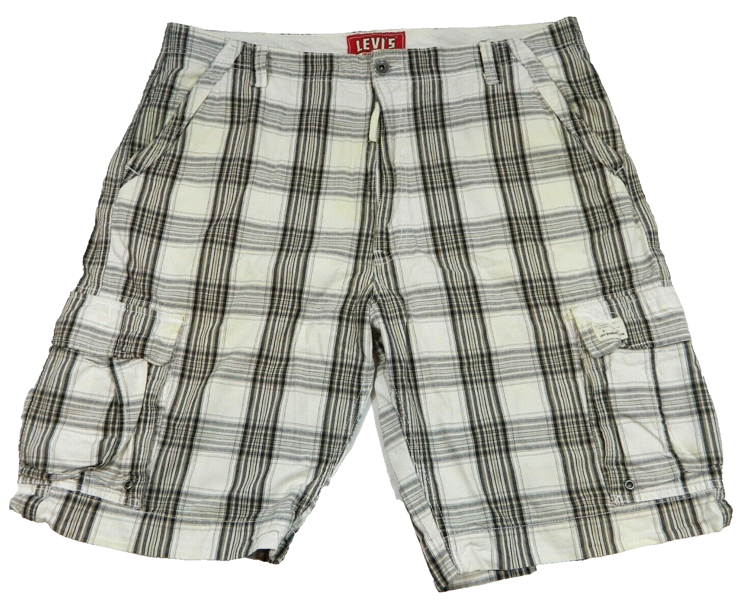 Men's Levi's Shorts Cargo Beige Gray Ivory Plaid Tag 40 measured Size 39