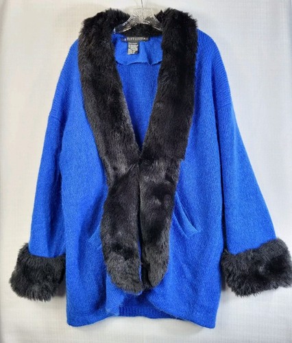 I.B. Diffusion Wool Mohair Trim Coat Jacket Blue Black Large Retro 80s Outerwear - Picture 2 of 14