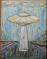 An Alien Abduction Again  ET UFO 16x20 oil Painting original$ NEW signed CROWELL
