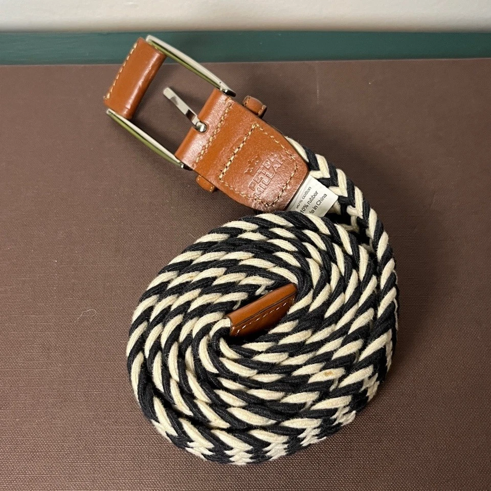 Peter Millar Crown Men's Multi-Braided Black & White Cotton & Leather Belt SzXL - Image 2 of 4