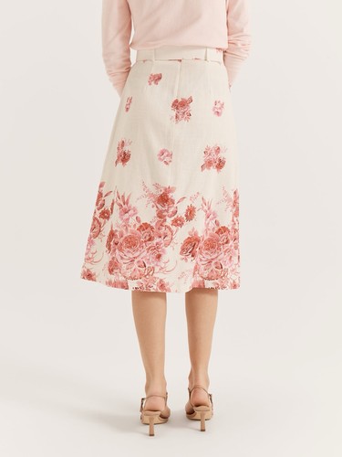 Review Skirt Size 12 White Pink Floral Midi Linen Blend Belted Amalfi Bloom - Picture 2 of 8