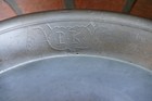 antique primitive large hallmarked pewter bowl w/ letters P K on lip 13 inch dia — photo 2