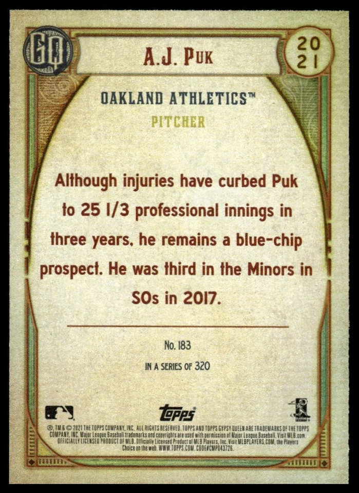 2021 Topps Gypsy Queen #183 A.J. Puk Blue [GOATCARDS] - Image 2 of 2