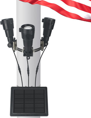 Flag Pole Light - Solar Powered 3 Super-Spotlights PC Crystal LED, IP65 Waterpro