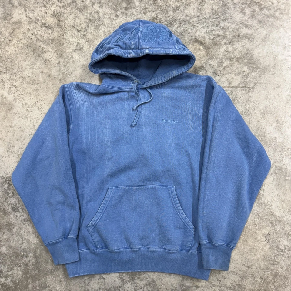 Supreme Hoodie Mens Small Blue Gothic Script Logo Pullover Sweatshirt Faded - Image 2 of 4